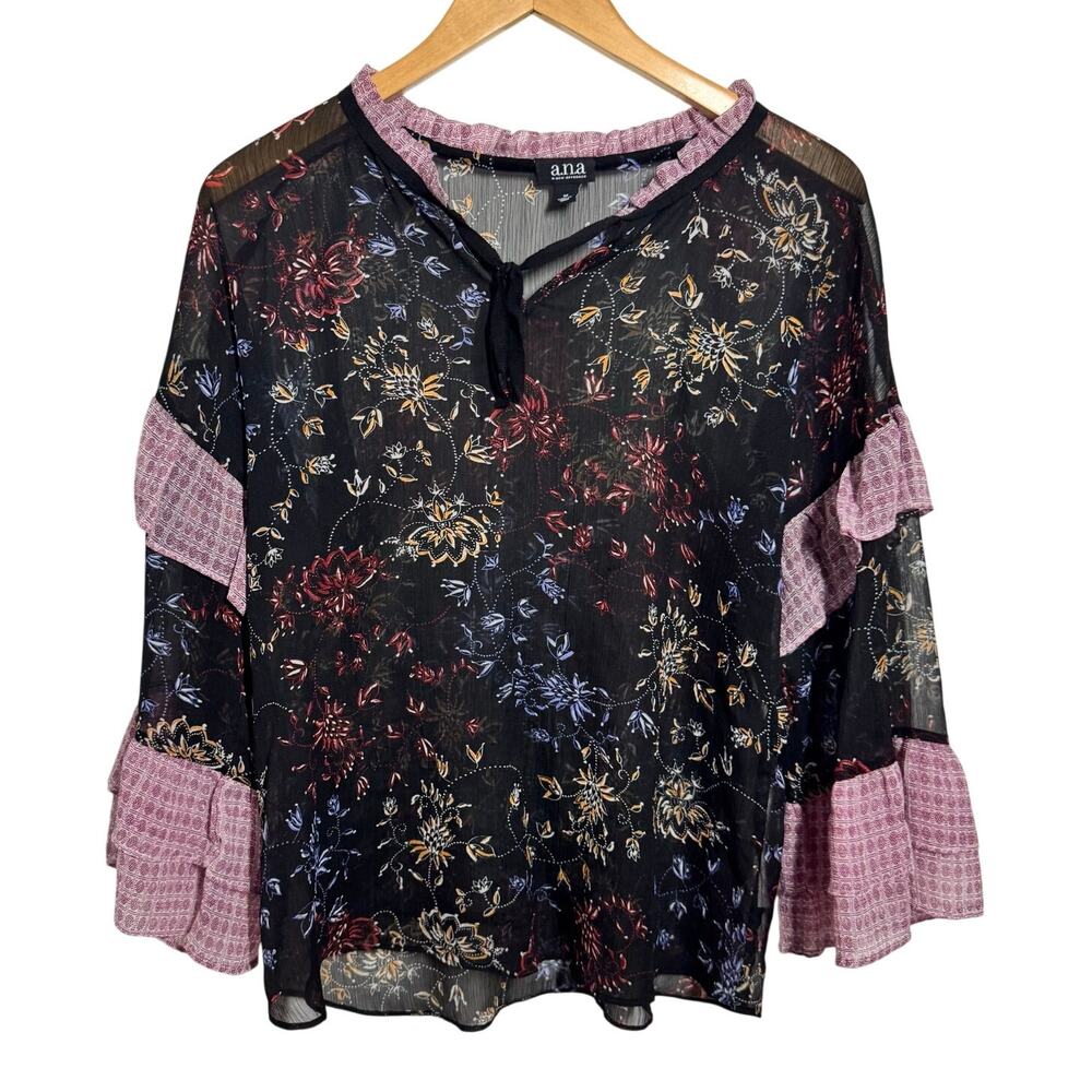 A.N.A Peasant Blouse Top Women M Sheer Floral Ruffle‎ Bell Sleeve Gypsy Bohemian